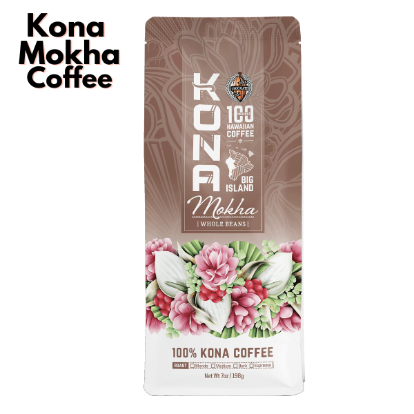 Kona Mokha Coffee (or Mokka coffee) package with floral design on a white background