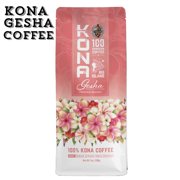 A package of Kona Gesha coffee beans with a floral design on the packaging.