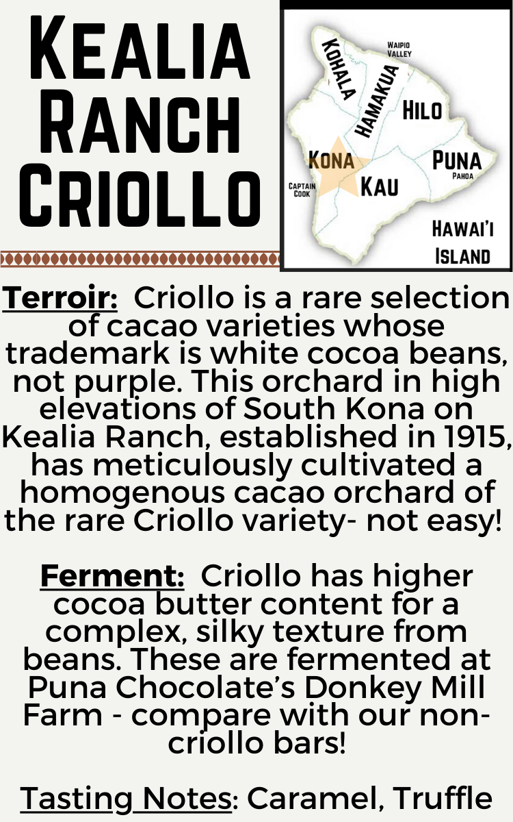 Kona Criollo - Kealia Ranch - 70% Dark Chocolate Bar - Single District
