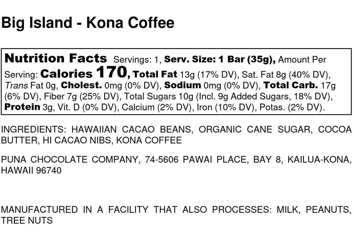 Kona Coffee & Puna Nibs - 70% Dark Chocolate Bar