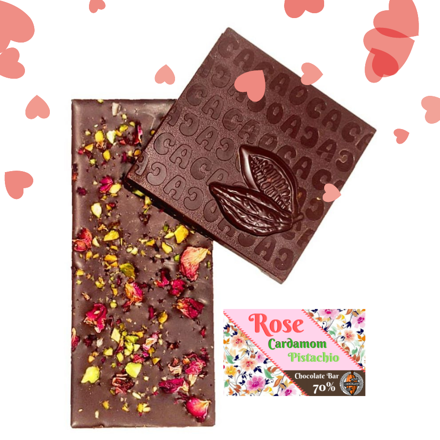 Rose Cardamom Pistachio - 70% Dark Chocolate Bar